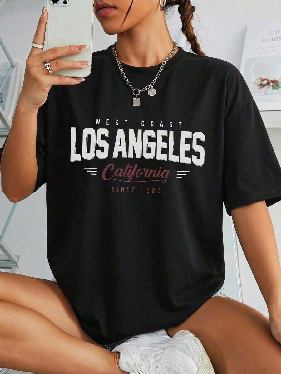 Camiseta Gráfica de Los Ángeles para Mujer, Casual, de Manga Corta y Cuello Redondo, con Tela de Poliéster Ligeramente Elástica para Ropa Urbana - Negro - Ver 1