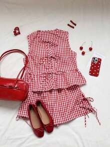 Set de 2 piezas de ropa de mujer con top tipo camiseta con cordones y shorts a cuadros, ideal para el Día de San Valentín - Rojo - Ver 5