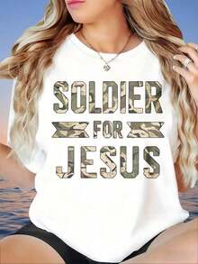 Camiseta Vintage con Estampado de Soldado para Jesús, Estilo Camuflaje, para Mujer, Manga Corta, Informal, con Gráficos de Fe Cristiana, Estampados Divertidos, Adecuada para el Día de San Valentín, el Hogar, Caminar, Deportes, Fiestas, Regalos Navideños, Camiseta para Mujer, 220g, Modaropa de calor mujer - Blanco - Ver 7