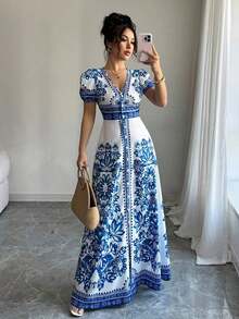 Elenzya Nuevo diseño de vestido midi elegante con estampado floral posicionado, escote en V, mangas abullonadas y cintura ceñida, en un estilo sofisticado y favorecedor al Body con inspiración del Medio Oriente, en colores azul y blanco tejidos - Azul y blanco - Ver 7