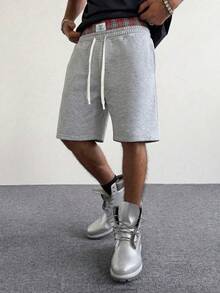 1pc Teens' Spring/Summer 2 In 1 Plaid Waistband Shorts, American Casual Loose Bermuda Shorts, Sporty Pants - Light Grey - View 3