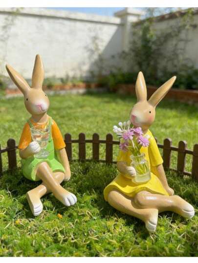 Resin Rabbit Sculpture Decor, Holding Wine Glass And Flowers, Suitable For Home Garden Decoration, Perfect For Yard, Patio, Spring Festival, Easter Party, Tabletop Center Piece, Outdoor Lawn Decor, Lovely Animal Decor For Living Room, Bedroom, Balcony, Ideal Gift For Rabbit Lovers, Durable Resin Craftsmanship With Lifelike Details