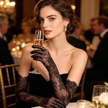 Graceful Long Lace Bridal Gloves - Sheer Jacquard, Formal Wedding Party Accessories, Machine Washable, Formal Event Gloves |   Elegant Formal Wear |   Lace Gloves, Bridal Gloves - White - View 5