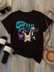 Camiseta vintage para mujer, casual, de cuello redondo, opciones en negro y blanco, con personajes de dibujos animados y AAHH!!! Camisetas con Estampado de Monstruos Reales, Cómodas para Uso Diario, Tops de Verano, Camisetas Gráficas, Conjuntos de Verano para Mujer, Camisetas Cortas para Mujer, Tops Vintage de Algodón, Ropa Linda para Mujer, Moda Femenina - Negro - Ver 2