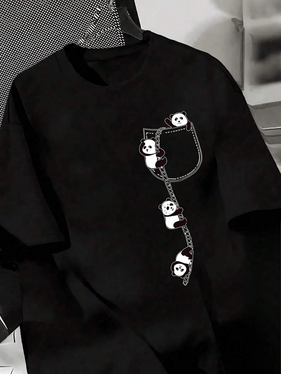 Adorable Women's T-Shirt With A Climbing Panda Pocket Print, Casual Short-Sleeve Crew Neck Tee, Comfortable And Stylish Graphic Design For Everyday Wear. The Perfect Gift! - 黑色 - 查看 1