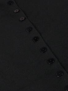 Yuwenier 优雅V领短袖前扣A字下摆针织连衣裙，女士户外派对万圣节服装 黑色 - 黑色 - 查看 9