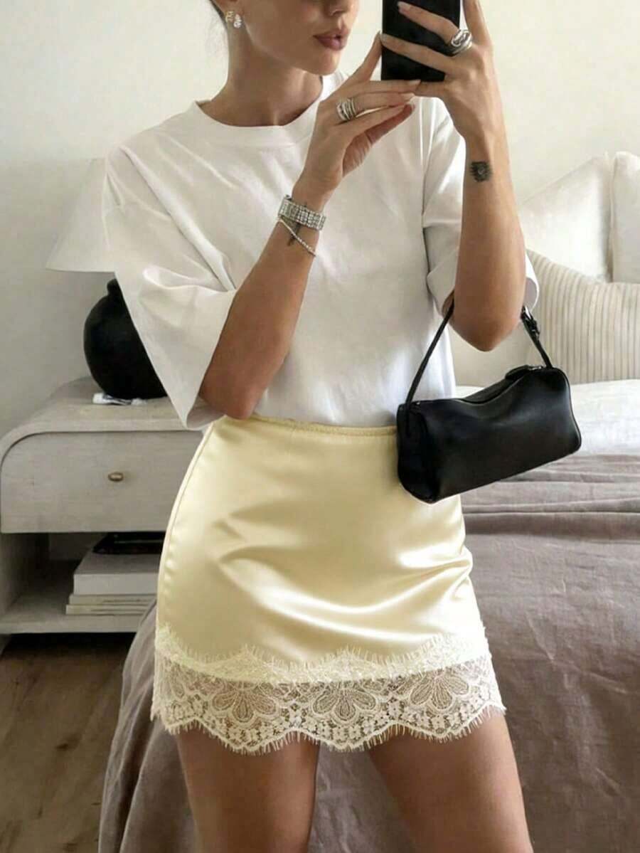 Falda evasé con estampado de leopardo y encaje en contraste para mujer - Amarillo claro - Ver 1