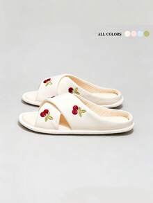 1 Pair Soft & Healing Cherry Embroidery Cross Linen Slippers, Milky White Base With Delicate Cherry Embroidery, Gentle And Youthful, Comfortable Choice For Spring/Summer Home, Bedroom Or Living Room, Girly, Home Essential, Soft Girl Must-Have - Cherry Slippers - View 2