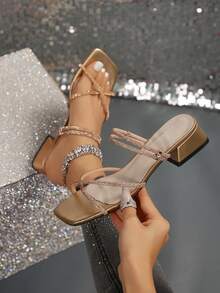 New Versatile Square Toe Chunky Heel Sandals, Fashionable French Style Crystal Embellished High Heels Suitable For Party, Gathering, Commuting In Summer - Rose Gold - View 1
