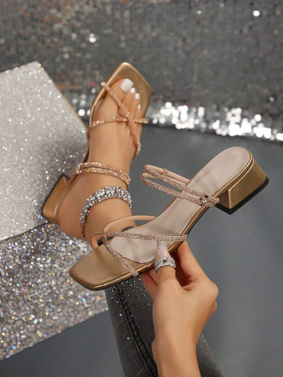 New Versatile Square Toe Chunky Heel Sandals, Fashionable French Style Crystal Embellished High Heels Suitable For Party, Gathering, Commuting In Summer - Rose Gold - View 1