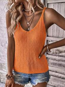 Summer V-Neck Lace Knit Tank Top Women's Sleeveless Solid Color Casual Beach Vacation Pullover Sweater Vest - trái cam - Xem 4