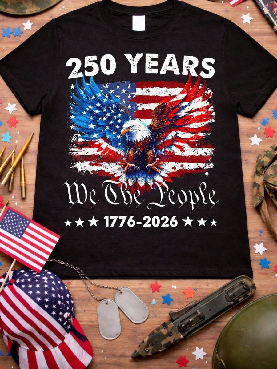 Camiseta "250 años nosotros el pueblo", camiseta patriótica del águila 1776-2026, camiseta del 25 aniversario del centenario de EE. UU., Día de la Independencia 2026. Camiseta unisex de algodón puro de 220 g, peso ideal para todas las estaciones, apta para hombres y mujeres. Tejido duradero de alta calidad, suave al tacto y de larga duración. Parte superior transpirable. Adecuada para la primavera y el verano de las mujeres, vacaciones, Día de la Madre, Día de la Independencia. - Negro - Ver 1