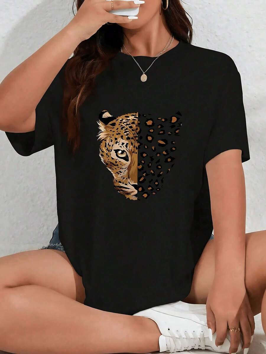 Playera mujer de algodón suave con estampado gráfico creativo de leopardo, manga corta, estilo casual y moderno, ideal para verano y uso diario - Negro - Ver 1