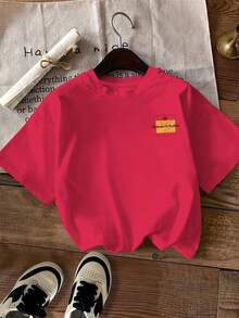 Camiseta vintage para mujer [estampado a doble cara], de manga corta, cuello redondo, estilo casual, con la marca "Champagne" y la frase "Champagne for Breakfast" impresa en un rectángulo amarillo en la parte trasera, lavable a máquina, adecuada para uso casual, ropa multiusos, camiseta a la moda, material cómodo, para entusiastas de la moda. - Rojo - Ver 3
