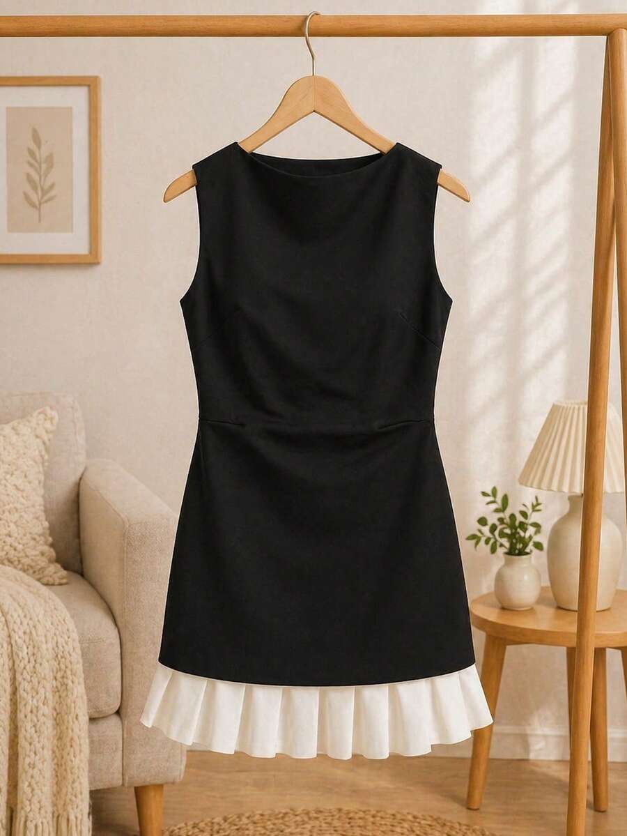 Vestido Elegante de Mujer en con Contraste Ajustado - Negro - Ver 1