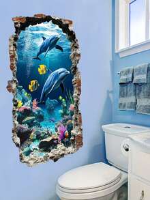 1pc Removable Dolphin & Ocean Scene Wall Sticker, Suitable For Bathroom Wall Decor - A - View 9