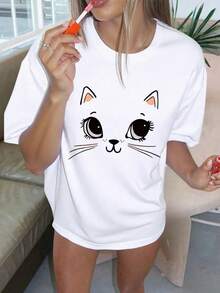 Playera nueva temporada primavera-verano para mujer, con estampado, manga corta y cuello redondo. Modelo básico, cómoda, fresca y ligera, estilo juvenil, moderno y casual. Diseño dulce y delicado, ideal para combinar en primavera y verano. - Blanco - Ver 1