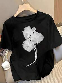 Camiseta de  con Estampado Floral Blanco, Casual, Transpirable, de Manga Corta, Cuello Redondo, Corte Holgado, Adecuada para Fiestas de Verano y Uso Diario.Diseño elegante con estampado floral. Camisa de tela suave. Blusas para mujer. - Negro - Ver 1