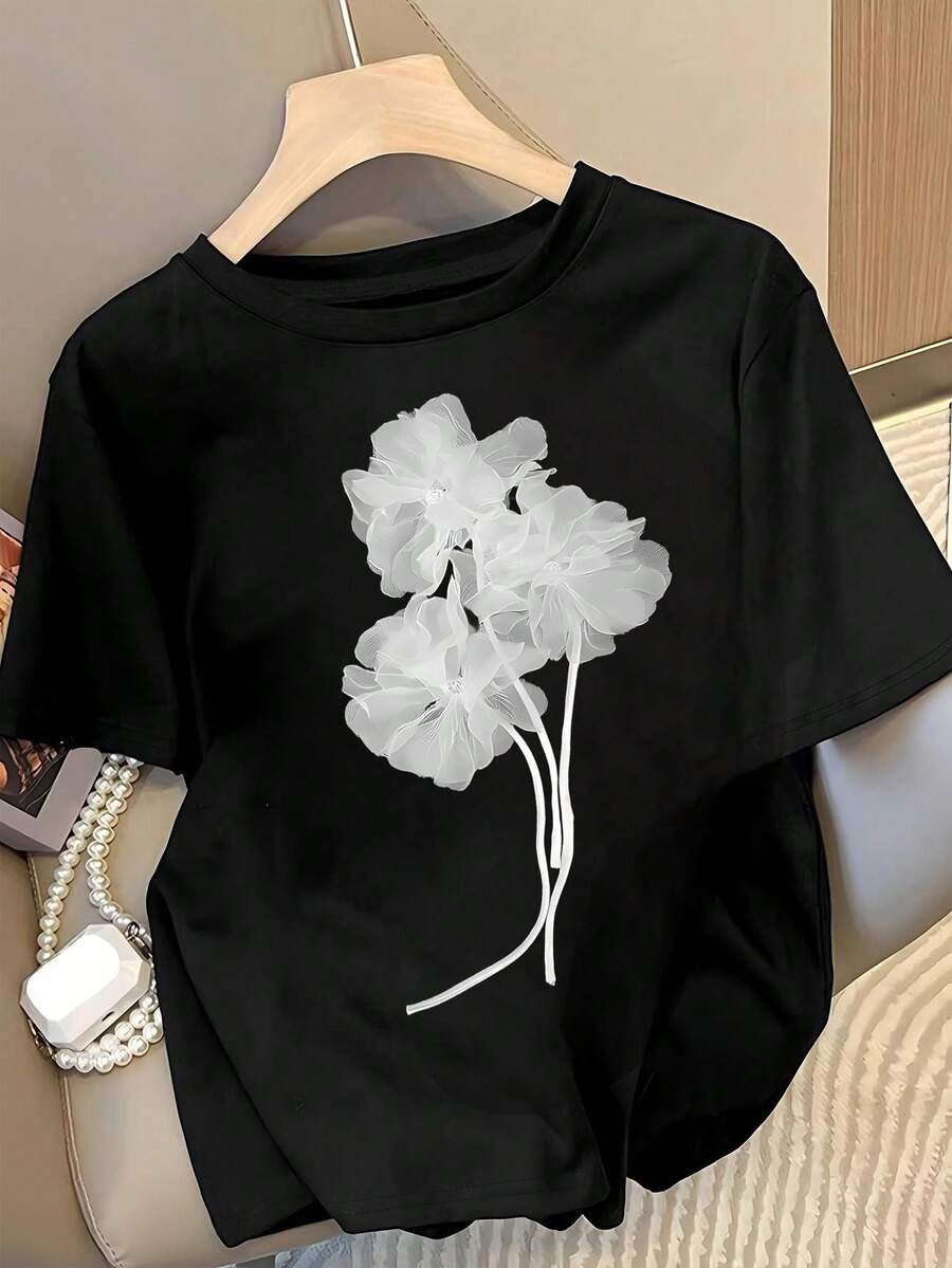 Camiseta de con Estampado Floral Blanco, Casual, Transpirable, de Manga Corta, Cuello Redondo, Corte Holgado, Adecuada para Fiestas de Verano y Uso Diario.Diseño elegante con estampado floral. Camisa de tela suave. Blusas para mujer. - Negro - Ver 1