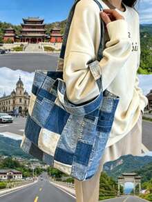 Túi xách nữ kiểu dáng thường ngày, chất liệu vải canvas in họa tiết denim, túi đeo vai nhiều ngăn, thích hợp cho du lịch ngoài trời. - Màu xanh lam - Xem 5