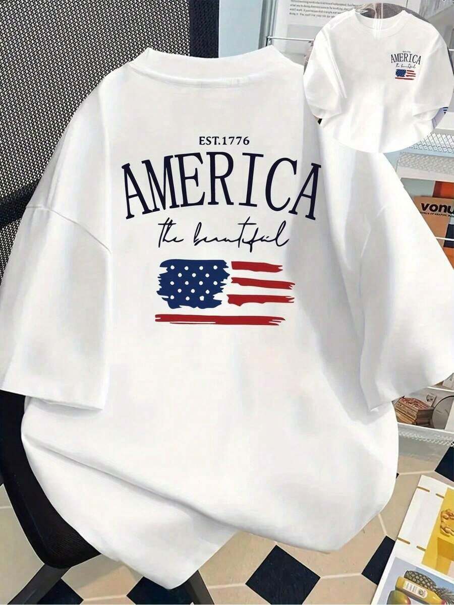 Short-Sleeved Printed T-Shirt With Front And Back Designs - The Beauty Of America, A Beautiful America - Spring/Summer Printed T-Shirt For Women, Fashion Item, Versatile And Casual Summer T-Shirt. - 白色 - 查看 1
