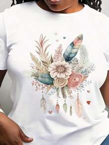 Camiseta de manga corta para mujer, ligera, con estampado floral, diseño de flores en rosa vibrante y azul, cuello redondo informal para conjuntos de primavera/verano, perfecta para el ocio, deportes y citas, camisetas para damas. Camiseta de manga corta de algodón puro, holgada, casual y ajustada para el verano. - Blanco - Ver 10
