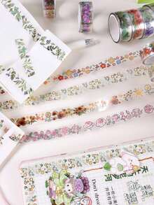 12 Rolls/Box Floral And Plant Pattern Transparent Tape Set, Creative Gold-Foil Pattern Fashion Masking Tape, Used For Envelope Cards And Gift Box Packaging Decoration, Scrapbook Decoration - Multicolor - View 8