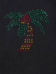 Women's Summer Tank Tops Elegant Rhinestone Palm Tree Decor Sleeveless Round Neck Ribbed Vest For Beach Daily Wear - Black - View 9