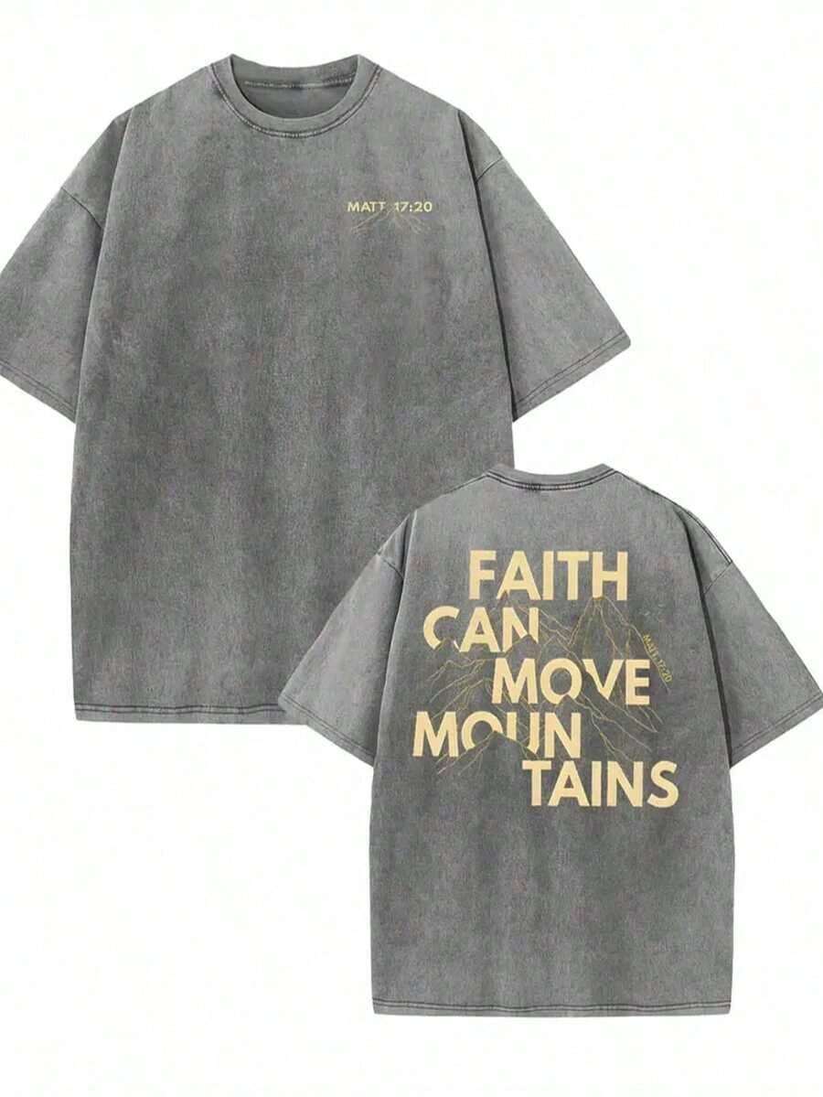Faith Can Move Mountains, Letter Print, High Quality Washed T-Shirts, Modern And Versatile Tees, Men's Outerwear. (Retro Style, Heavyweight, Unisex) - 灰色 - 查看 1