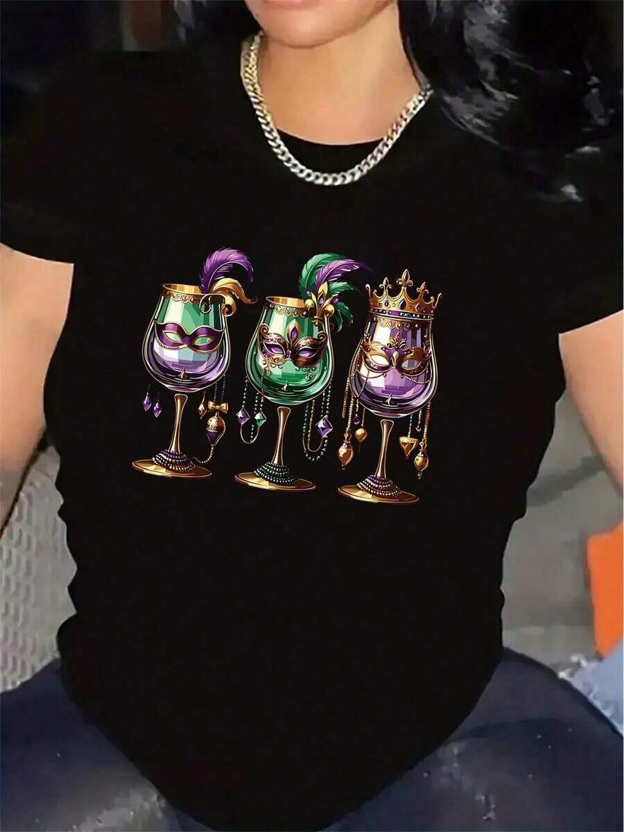 Camiseta de Manga Corta para Mujer, Tejido de Poliéster, Diseño de Fiesta de Mardi Gras con Gafas y Corona Coloridas, Ligera y Duradera, Ideal para Festivales, Uso Casual o Decoración del Hogar, con Arte Vibrante y Ajuste Cómodo Blusas Bonito 100% Cotton - Negro - Ver 1