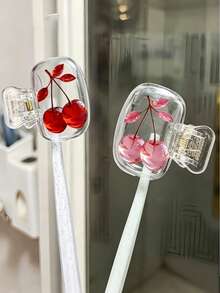 1/2pcs Portable Toothbrush Head Cover With Two Strings Of Crystal Cherries Design. Storage Box, Toothbrush Cover Holder, Essential Bathroom Accessory For Family And Business Travel, Daily Use And Outdoor Trips. Portable Toothbrush Storage Box, Daily Toothbrush Maintenance, Portable Toothbrush Cover, Rose-Themed Storage Box, Decorative Toothbrush Cover, Compact Storage Solution. - Multicolor - View 5