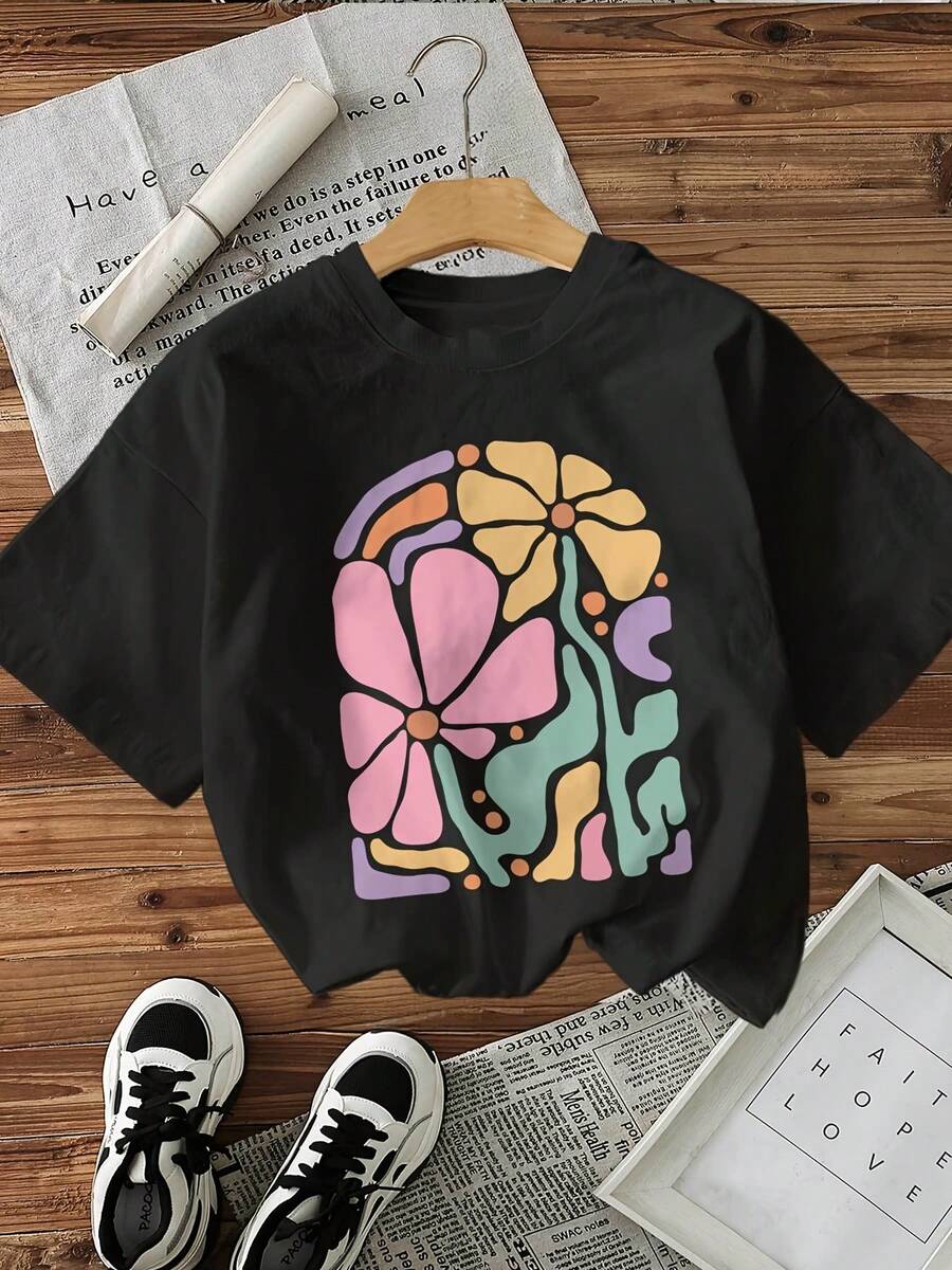 Women's T-Shirts, Summer Tops, Graphic Print T-Shirt, Short-Sleeved Crew Neck Casual Top For Summer And Spring, Women's Clothing, Cotton T-Shirt, Women - Black - View 1