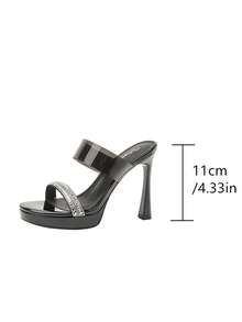 Qiluyuan Sandalias deslizantes de moda para mujer, nuevas sandalias de verano de lujo francés con cristales, plataforma gruesa, tacón alto, punta abierta, adecuadas para fiestas y citas casuales - Negro - Ver 3