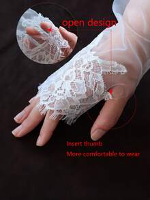 1 Paar elegante lange fingerlose Spitzenhandschuhe für Damen, geeignet für Hochzeit, Braut, Abendkleid Accessoires - Weiss - Übersicht 4