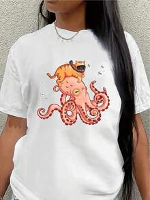 Camiseta de poliéster de manga corta con bonito diseño de pulpo y gato, ligera y duradera para uso casual en casa o en la cafetería, perfecta para la comodidad diaria y un estilo divertido - Negro - Ver 1