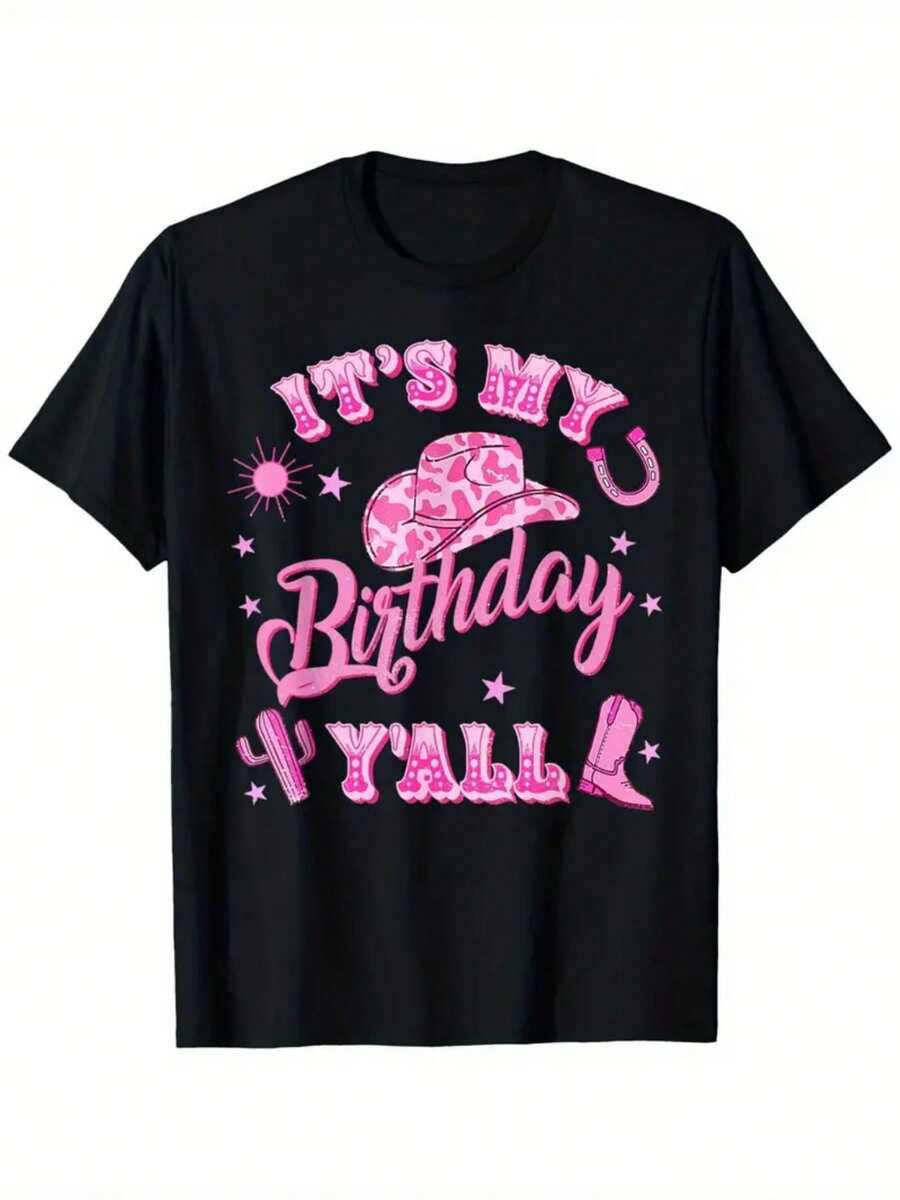 Retro Cowboy/Cowgirl Style Birthday T-Shirt For Men And Women - Super Soft, 220 G/M² Heavyweight Graphic Print "Howdy It's My Birthday" With Cowboy Hat And Cactus, Pink Vintage Print, Unisex Crew Neck T-Shirt For Western Theme Parties And Casual Wear. - 黑色 - 查看 1