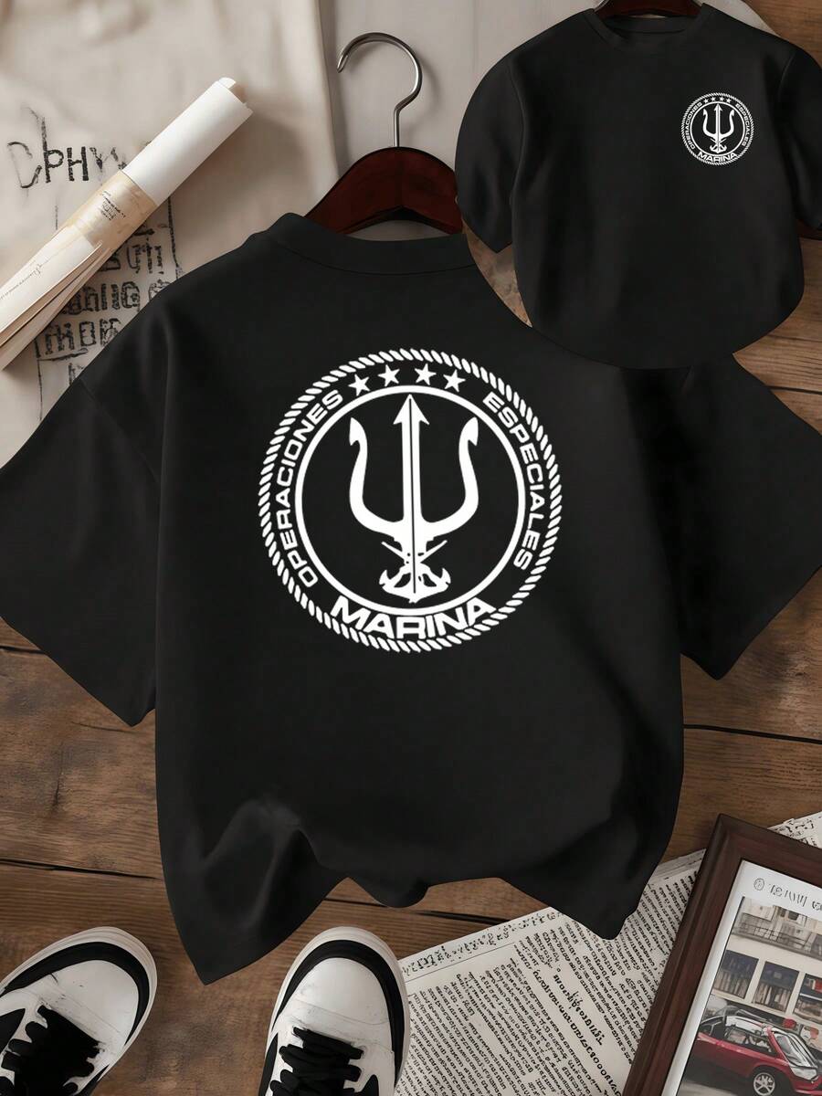 Trident Symbol Surrounded By Stars And Rope Representing Strength, Courage, And The Union Of The Marine Spirit With Balance And Power. Women's T-Shirt With Double Print, Casual, Comfortable For Everyday Wear - 黑色 - 查看 1