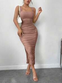 Vestido de graduación; Vestido ajustado de malla con superposición fruncida y abertura en el muslo, vestidos en tonos pastel para mujeres - Albaricoque - Ver 6