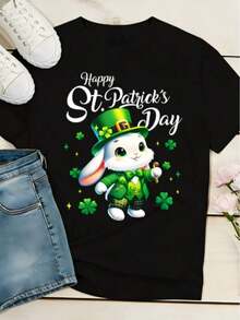100% cotton Camiseta Estampada para Mujer con Diseño del Día de San Patricio - Diseño de Conejo y Trébol para un Feliz Día de San Patricio, Verde Brillante, Manga Corta, Cuello Redondo, Estilo Casual, Lavable a Máquina, Ropa Decorativa para Primavera y Verano, Estilo Divertido, Tela Opaca - Negro - Ver 1