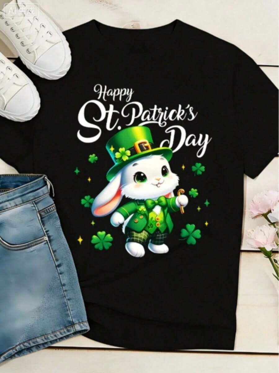 100% cotton Camiseta Estampada para Mujer con Diseño del Día de San Patricio - Diseño de Conejo y Trébol para un Feliz Día de San Patricio, Verde Brillante, Manga Corta, Cuello Redondo, Estilo Casual, Lavable a Máquina, Ropa Decorativa para Primavera y Verano, Estilo Divertido, Tela Opaca - Negro - Ver 1