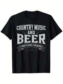 Camiseta Vintage de Estilo Urbano 2026, Moderna, Suave, Transpirable, Informal, de Verano, para Hombre, con Estampado de Música Country y Cerveza - Camiseta de Estilo Western con la Impresión Audaz "That's Why I'm Here", Transpirable, Lavable a Máquina, una camiseta de manga corta adecuada para el hogar, el uso diario, fiestas y viajes, perfecta como regalo para amigos o familiares. - Negro - Ver 1