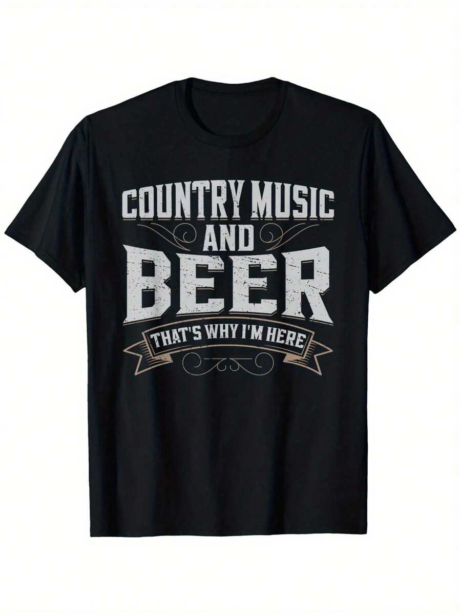 Camiseta Vintage de Estilo Urbano 2026, Moderna, Suave, Transpirable, Informal, de Verano, para Hombre, con Estampado de Música Country y Cerveza - Camiseta de Estilo Western con la Impresión Audaz "That's Why I'm Here", Transpirable, Lavable a Máquina, una camiseta de manga corta adecuada para el hogar, el uso diario, fiestas y viajes, perfecta como regalo para amigos o familiares. - Negro - Ver 1