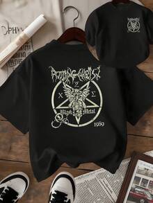 Mystical Symbol With Inverted Pentagram And Winged Figure Representing The Duality Between Darkness And Inner Freedom. Women's T-Shirt With Modern Double Print And Alternative Art. - 黑色 - 查看 8