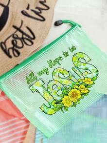 Bolsa de playa de malla de colores a prueba de agua, bolsa de maquillaje con estampado de letras florales "Jesús", bolsa de maquillaje transparente de gran capacidad - Multicolor - Ver 5