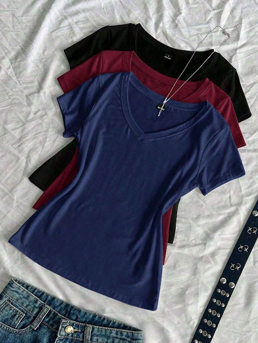 3 piezas Camisetas ajustadas de cuello en V de verano para mujer, camisetas básicas de manga corta de ajuste ceñido de unicolor con estampado de anime de la subcultura punk - Multicolor 2 - Ver 1