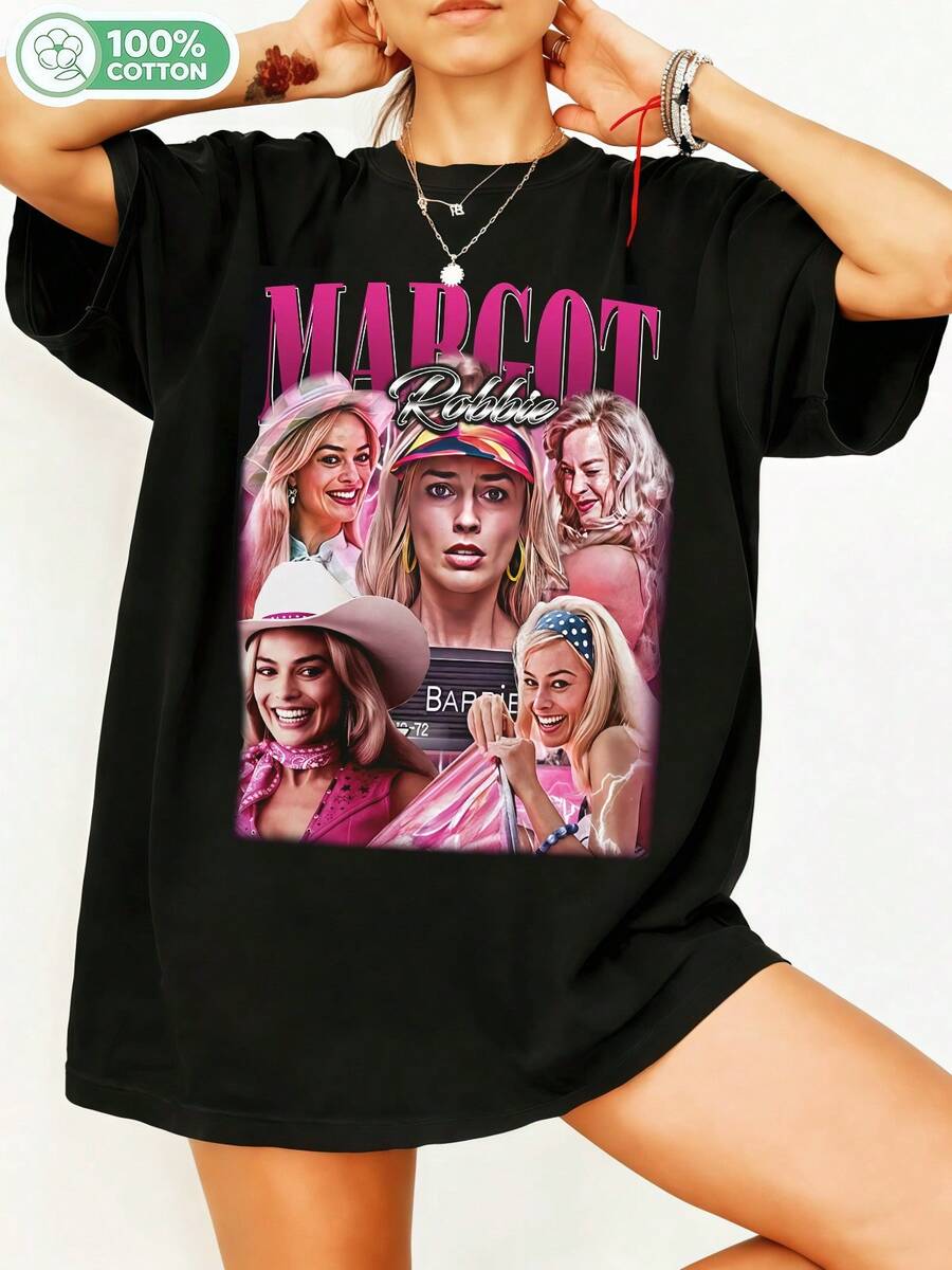 100% Cotton Margott Robbiee Retro Graphic T-Shirt, -Film Star Vintage 90s Bootleg Style T-Shirt, Casual Short Sleeve Crew Neck Top For Fans, Oversized Streetwear. - Black - View 1
