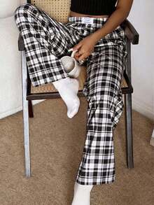 Pantalones de estar por casa rectos de cintura elástica con estampado de cuadros para mujer, para invierno - Blanco y Negro - Ver 3