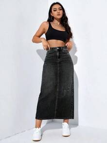 Falda larga de mezclilla desgastada para mujer - Negro 2 - Ver 4