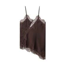 Camiseta de tirantes con decoración de encaje y bajo asimétrico, estilo europeo y americano de moda para mujer, Camellia - Marrón - Ver 1