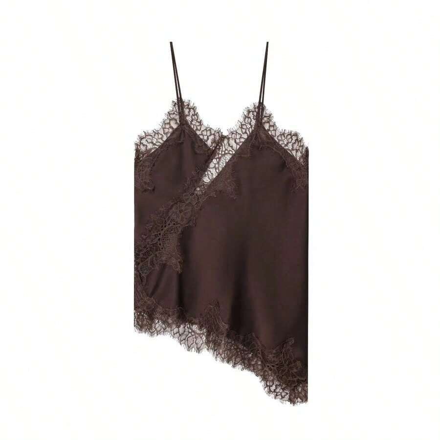 Camiseta de tirantes con decoración de encaje y bajo asimétrico, estilo europeo y americano de moda para mujer, Camellia - Marrón - Ver 1